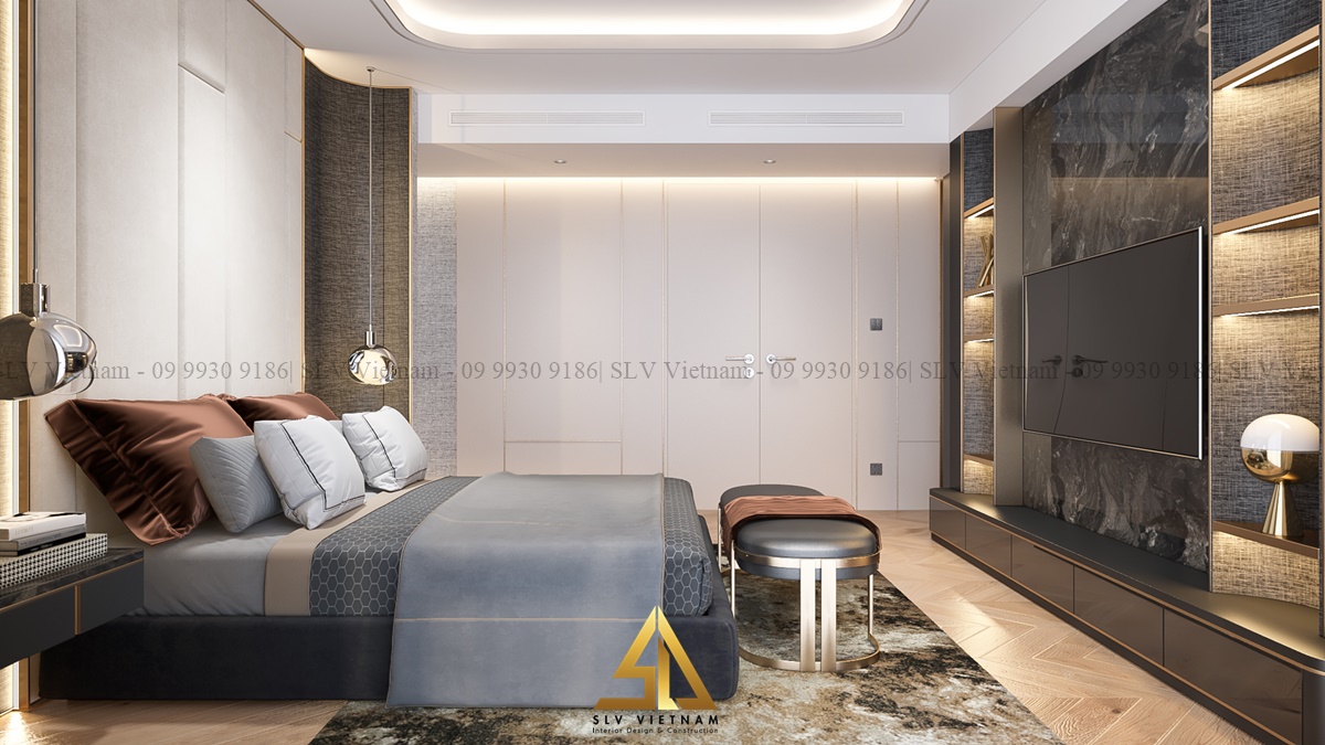 thiết kế phòng ngủ 15m2 sử dụng đá ốp tường cho phòng ngủ (Dự án của SLV Vietnam)