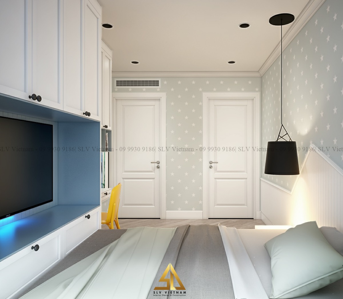 thiết kế nội thất phòng ngủ 15m2 sử dụng giấy dán tường họa tiết trang trí phòng bé trai (Dự án của SLV Vietnam)