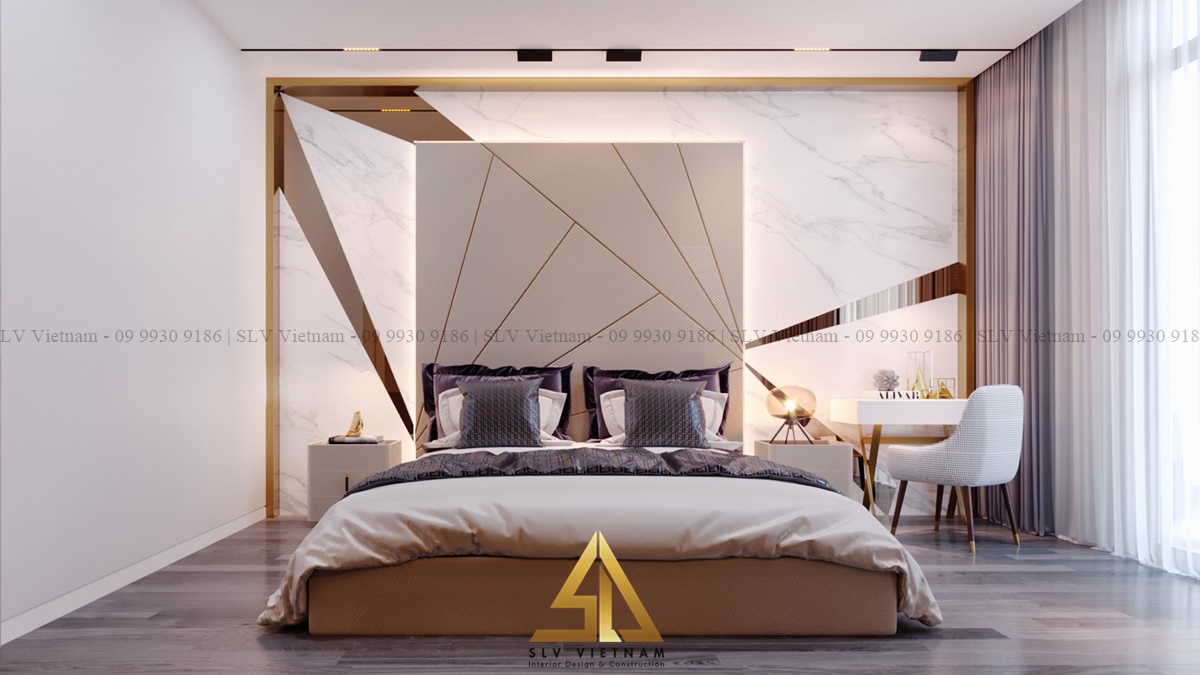 Nội thất phòng ngủ 20m2 sử dụng kim loại sáng bóng tăng sự sang trọng cho phòng ngủ(Dự án của SLV Vietnam)