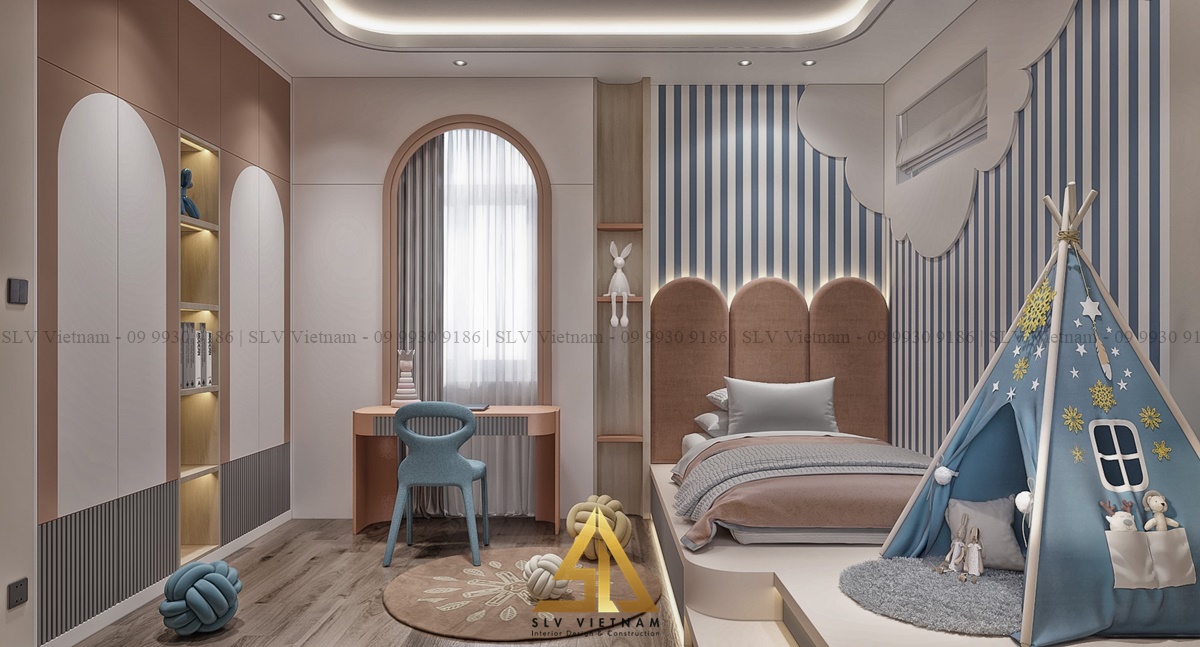 thiết kế phòng ngủ 15m2 sử dụng màu pastel để thiết kế phòng ngủ trẻ em 15m2 (Dự án của SLV Vietnam)