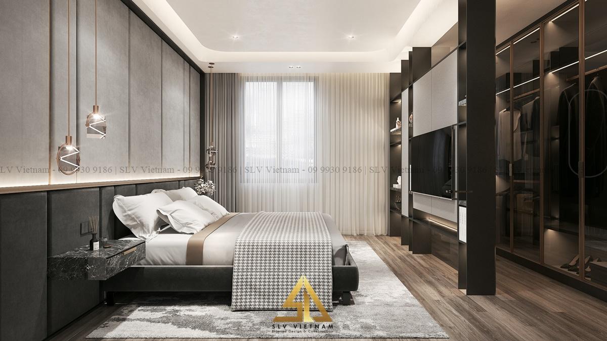 Nội thất phòng ngủ 15m2 sử dụng màu trung tính để tạo cảm giác rộng rãi cho căn phòng (Dự án của SLV Vietnam)