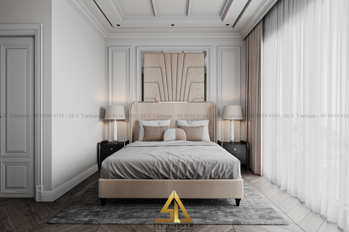 thiết kế phòng ngủ 20m2 sử dụng rèm hai lớp chống nắng cho căn phòng (Dự án của SLV Vietnam)