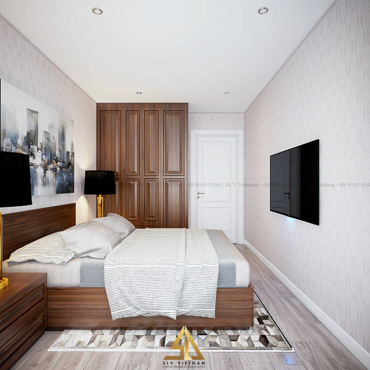 Bố trí nội thất phòng ngủ 12m2 sử dụng thảm trải sàn bắt mắt(Dự án của SLV Vietnam)