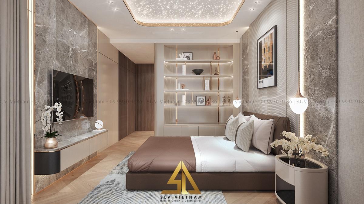 Sử dụng tủ trưng bày làm vách ngăn cho phòng ngủ và phòng vệ sinh (Dự án của SLV Vietnam)