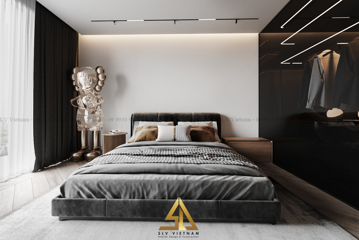 thiết kế phòng ngủ 20m2 sử dụng tượng trang trí tạo điểm nhấn cho phòng ngủ (Dự án của SLV Vietnam)