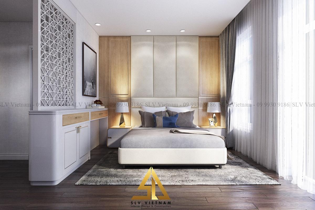 Sự kết hợp giữa đèn trang trí và chất liệu vải tạo không gian ấm cúng cho phòng ngủ vợ chồng (Dự án của SLV Vietnam)