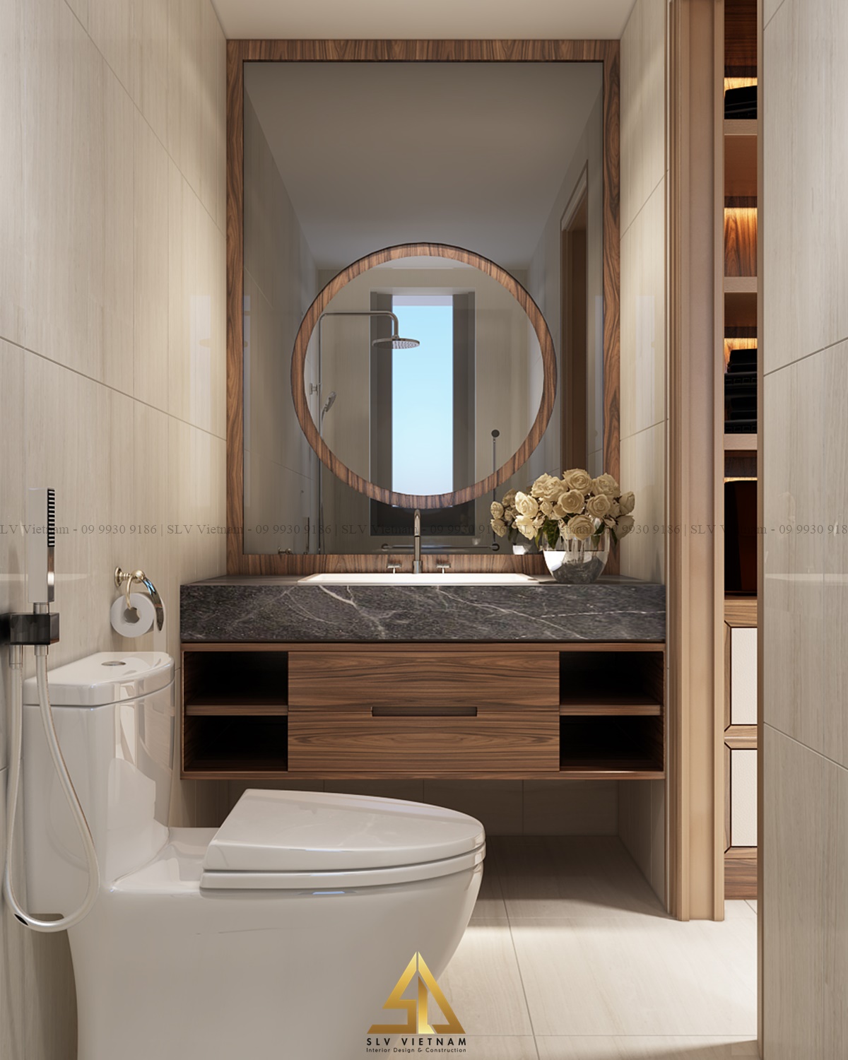 Sự kết hợp giữa gỗ và đá tự nhiên tạo nên không gian nội thất nhà tắm độc đáo và ấn tượng (Dự án của SLV Vietnam)