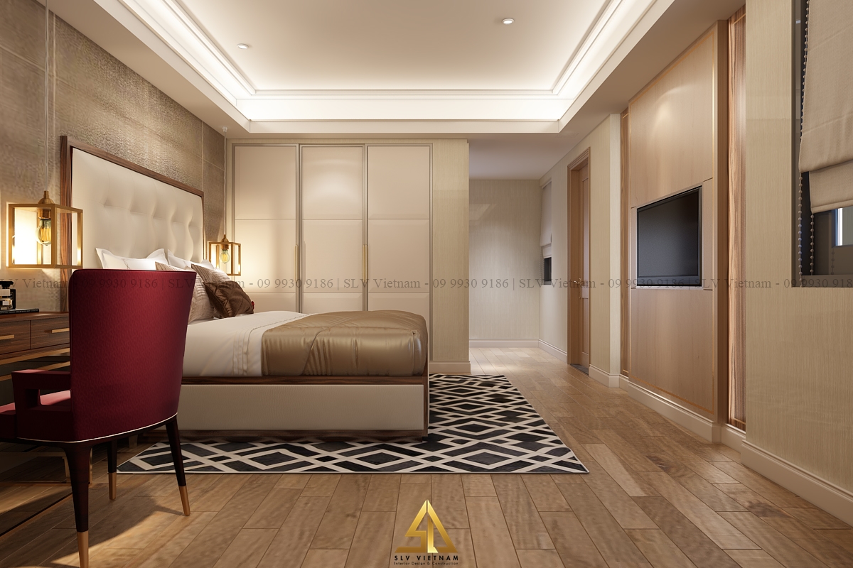 Thảm trải sàn họa tiết làm điểm nhấn cho phòng ngủ Tân cổ điển (Nguồn ảnh: SLV Vietnam)