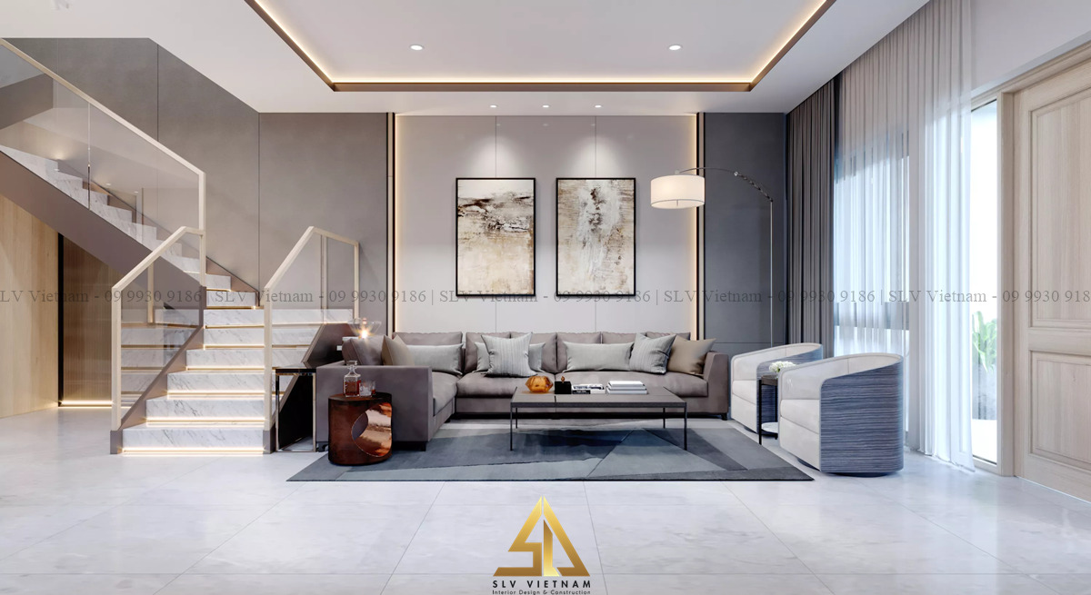 Thi công thiết kế nội thất phòng khách 30m2 ấn tượng, độc đáo (Dự án của SLV Vietnam)