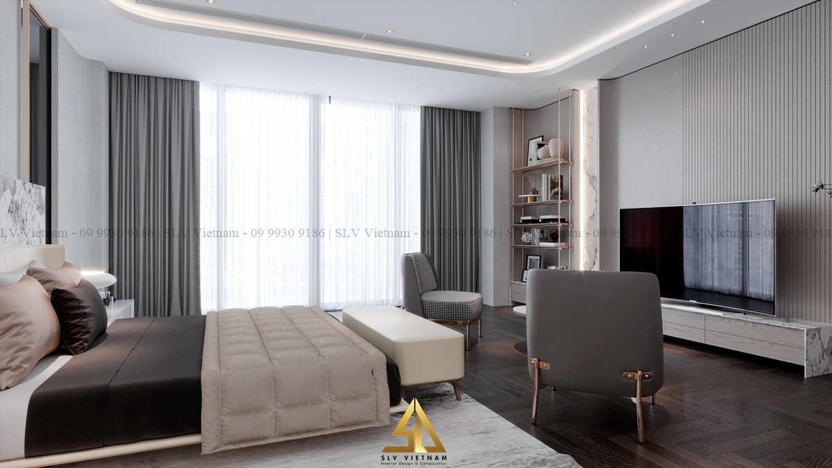 Thiết kế phòng ngủ 16m2 lắp đặt cửa kính lớn lấy ánh sáng tự nhiên (Nguồn ảnh: SLV Vietnam)