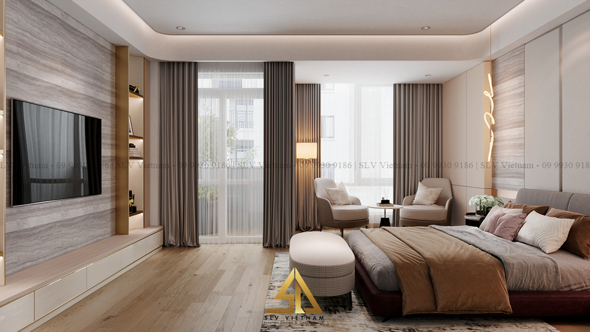 Thiết kế nội thất phòng ngủ 16m2 sang trọng (Dự án của SLV Vietnam)