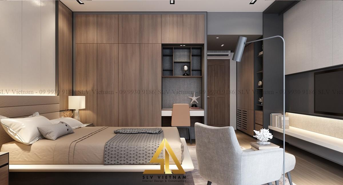 Thiết kế phòng ngủ vợ chồng sang trọng với chất liệu gỗ(Dự án của SLV Vietnam)