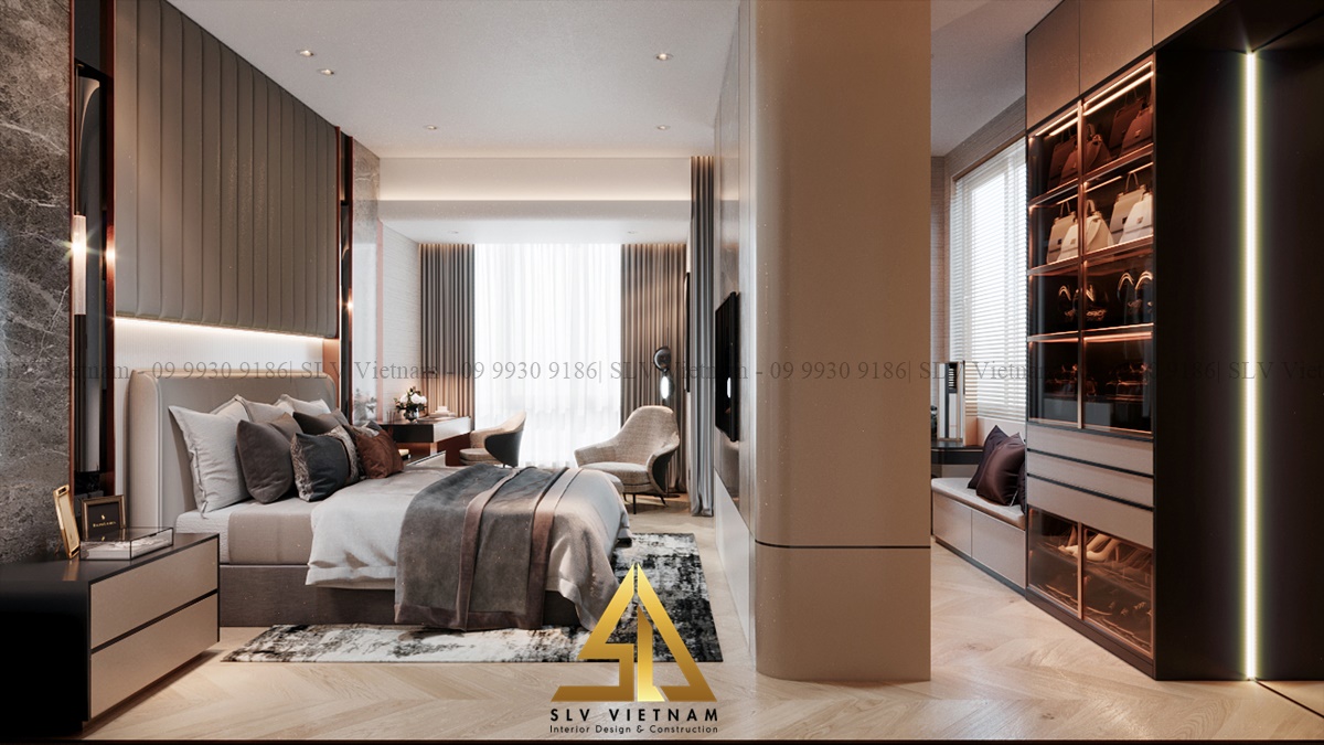 Thiết kế phòng ngủ với đồ nội thất màu nâu ấm để tạo không gian sang trọng (Dự án của SLV Vietnam)