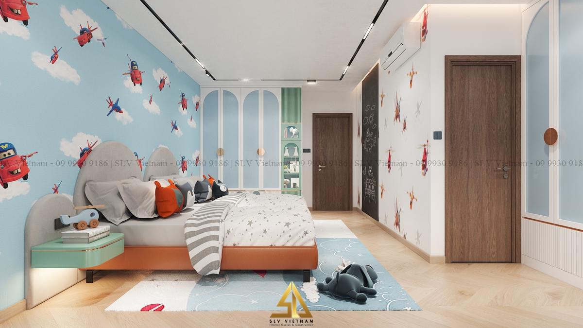 Thiết kế phòng ngủ với giấy dán tường có họa tiết hoạt hình kích thích tinh thần sáng tạo cho bé (Nguồn ảnh: SLV Vietnam)