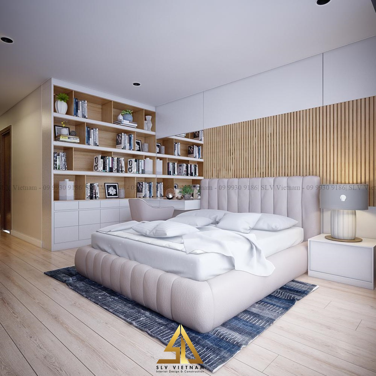 Thiết kế phòng ngủ với những gam màu nhạt để tạo không gian yên tĩnh (Dự án của SLV Vietnam)