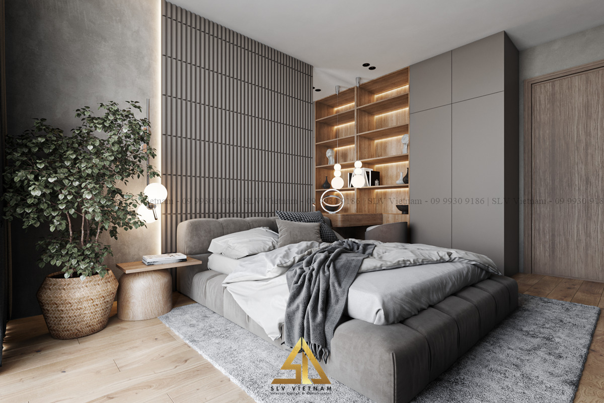 Nội thất phòng ngủ 15m2 trang trí cây xanh mát mẻ, nhẹ nhàng (Dự án của SLV Vietnam)