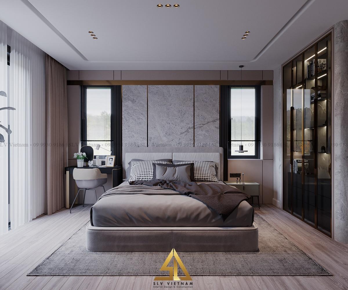 Nội thất phòng ngủ 20m2 sử dụng tủ kính mở rộng không gian phòng ngủ (Dự án của SLV Vietnam)