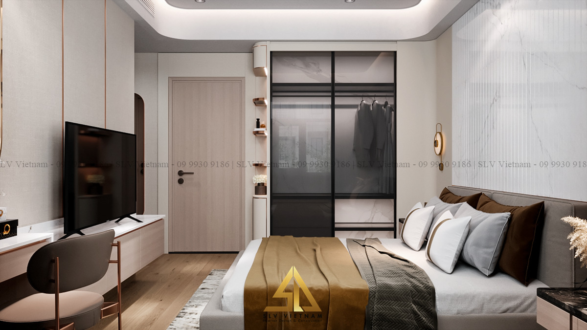 Tủ quần áo kết hợp tủ giày tối ưu không gian phòng ngủ 16m2 (Dự án của SLV Vietnam)