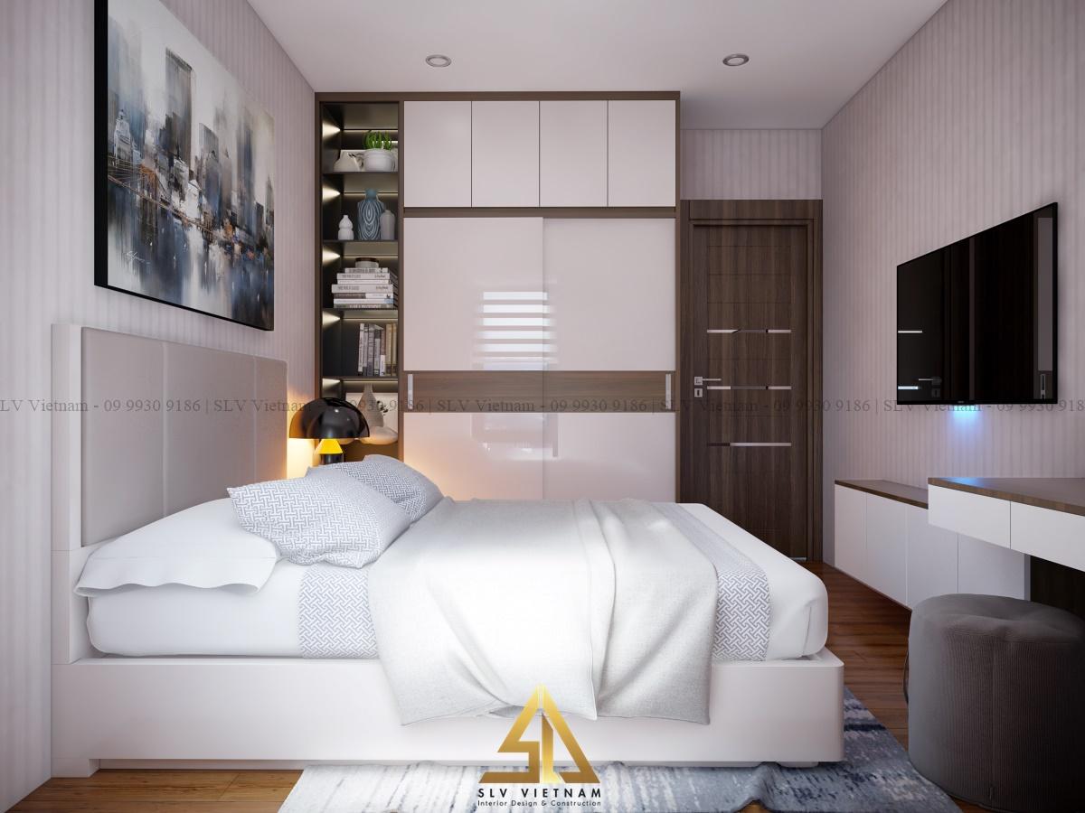 bố trí nội thất phòng ngủ 12m2 gồm tủ quần áo tích hợp kệ sách (Dự án của SLV Vietnam)