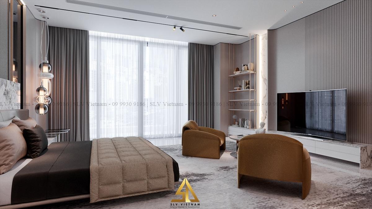 thiết kế phòng ngủ với tường và trần nhà hạn chế họa tiết cầu kỳ (Nguồn ảnh: SLV Vietnam)