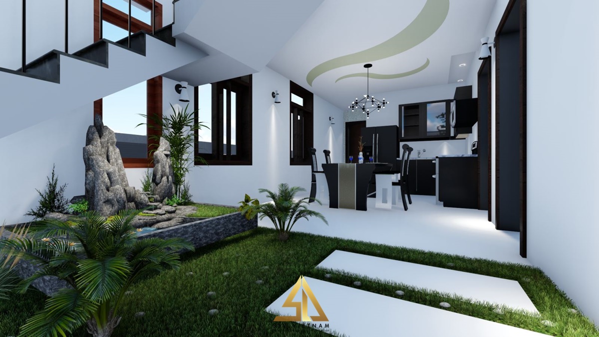 Thiết kế giếng trời đáy trang trí hòn non bộ mang lại ánh sáng tự nhiên (Nguồn ảnh: sưu tầm)