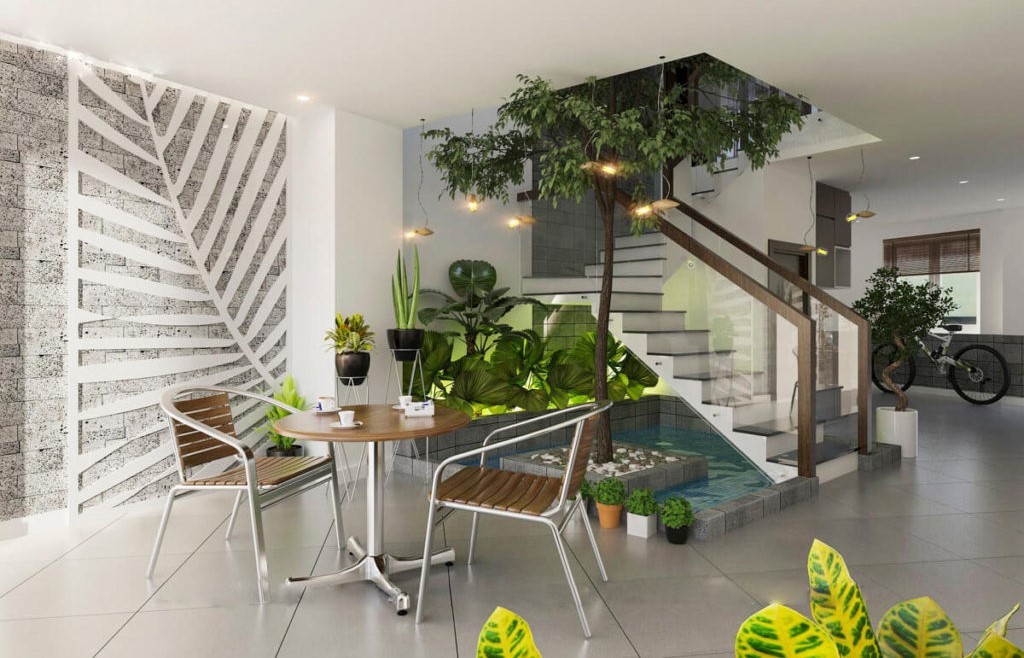 Thiết kế giếng trời đáy tạo nên không gian sống độc đáo và tiện nghi với tiểu cảnh (Nguồn ảnh: sưu tầm)