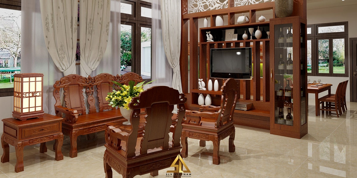 Vách ngăn bếp và phòng khách bằng gỗ đẹp kết hợp kệ trang trí