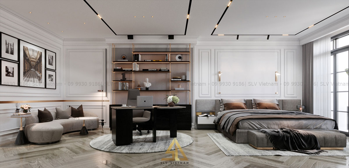 Thiết kế kệ sách lớn phía sau bàn làm việc