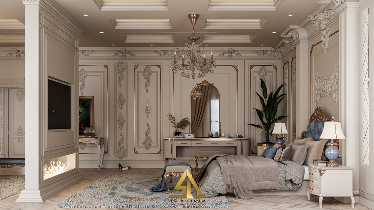 Phòng ngủ có đường phào chỉ và họa tiết cầu kỳ (Nguồn ảnh: sưu tầm)