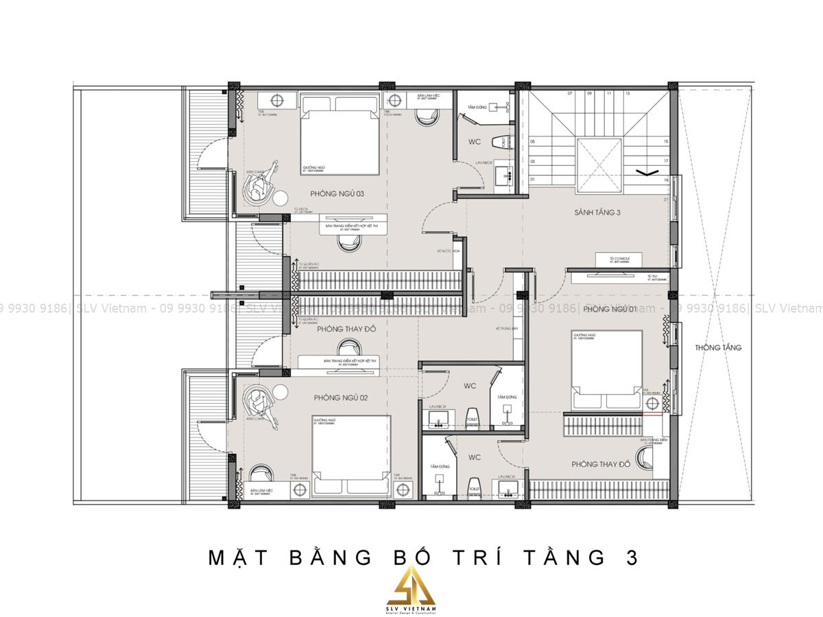 Bản vẽ thiết kế nội thất nhà phố 3 tầng tầng 3