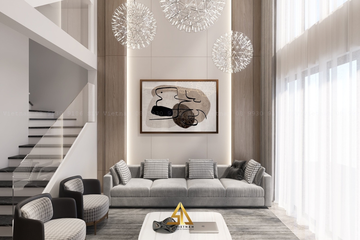 Bố trí cầu thang chữ L ở phòng khách dự án H&B Home