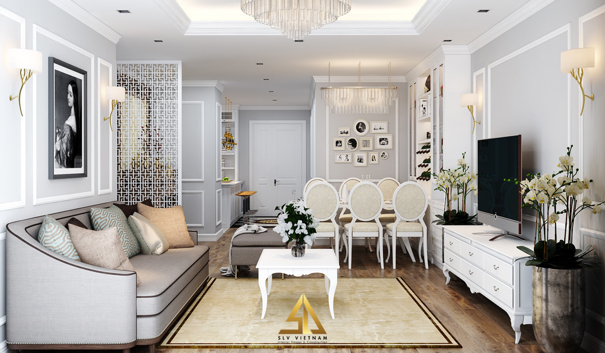 Tranh treo tường và thảm lót được sử dụng để tạo điểm nhấn cho không gian căn phòng