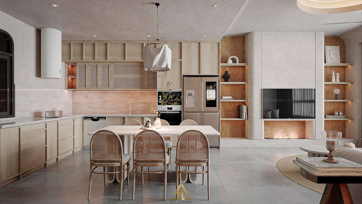 Phòng bếp liên thông phòng khách tối ưu diện tích (Nguồn ảnh: SLV Vietnam)