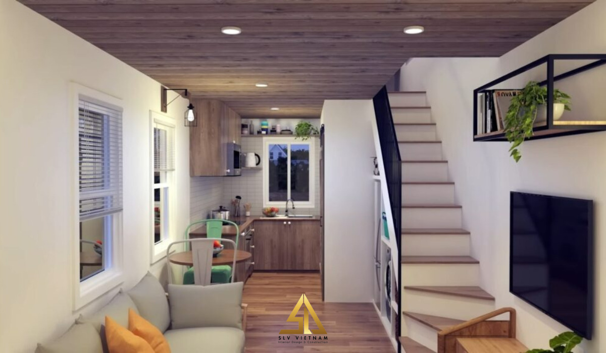 Phòng bếp liền kề phòng khách tuy nhỏ nhưng vẫn tạo được cảm giác ấm cúng