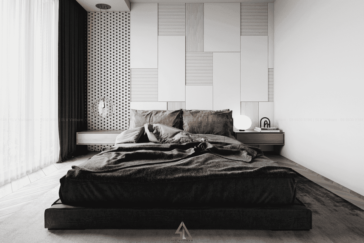 Mẫu 1: Phòng ngủ tone màu xám chủ đạo (Nguồn ảnh: SLV Vietnam)