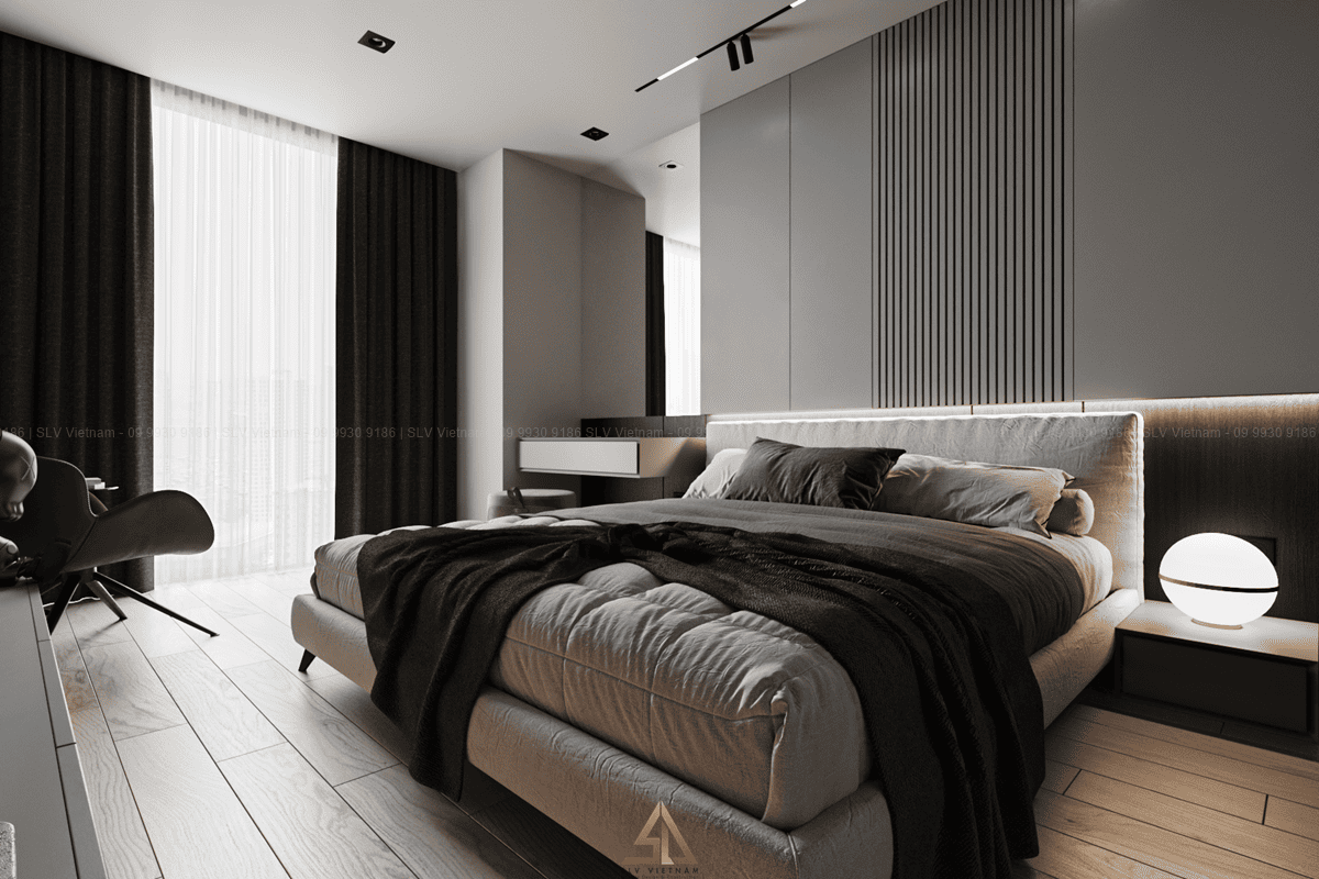 Mẫu 1: Phòng ngủ chung cư tone màu xám cá tính (Nguồn ảnh: SLV Vietnam)