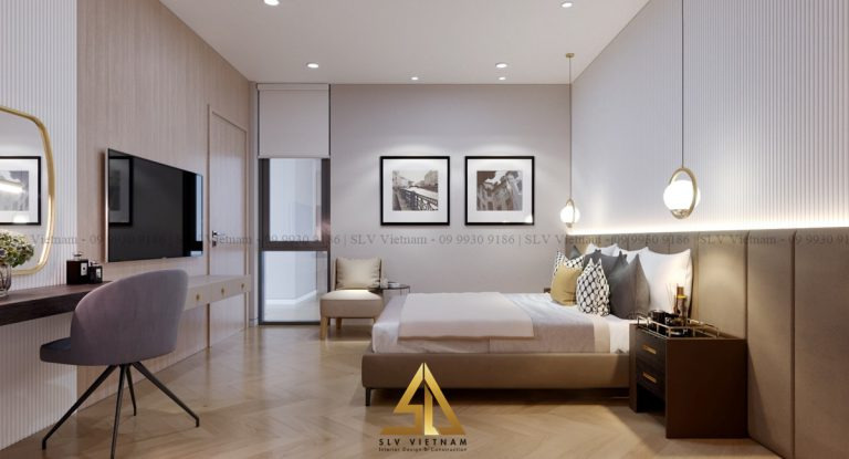 Phòng ngủ 24m2 với tone màu trắng kem chủ đạo