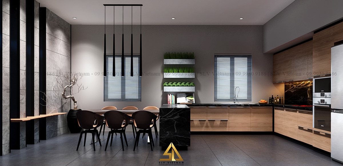 thiết kế nội thất nhà bếp đẹp hiện đại với cửa sổ lớn 2 bên