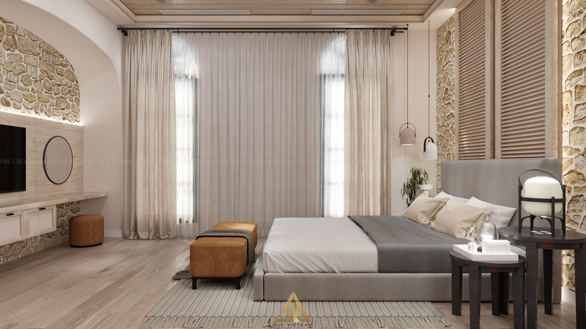 Mẫu 2: Phòng ngủ 12m2 phong cách Bắc Âu với các chi tiết chạm trổ hoa văn tinh xảo (Nguồn ảnh: SLV Vietnam)