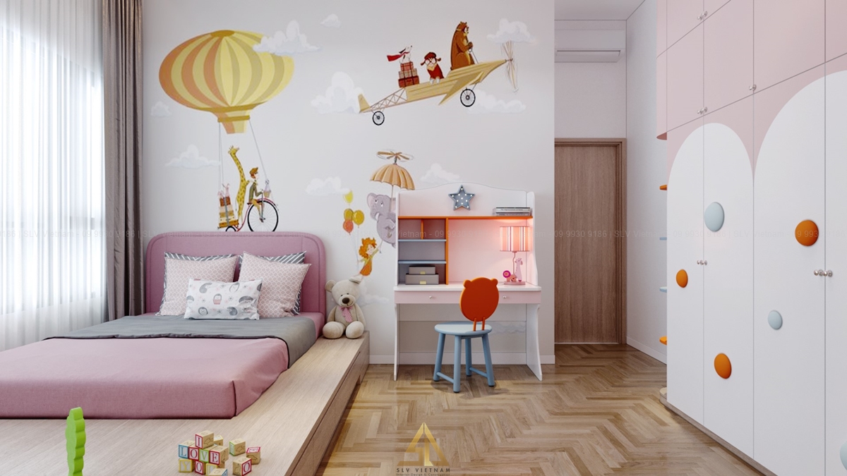 Mẫu 2: Phòng ngủ bé gái với giấy dán tường sinh động (Nguồn ảnh: SLV Vietnam)