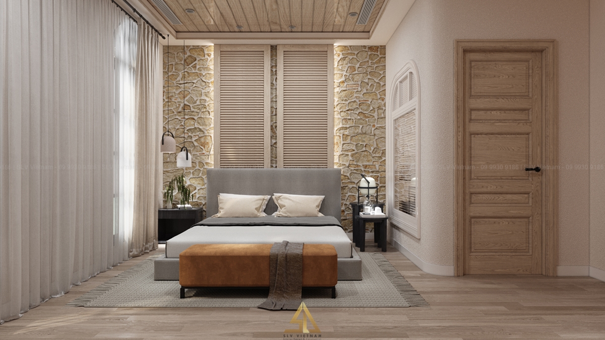 Bố trí nội thất đơn giản gọn gàng với sofa cuối giường nổi bật (Nguồn ảnh: SLV Vietnam)