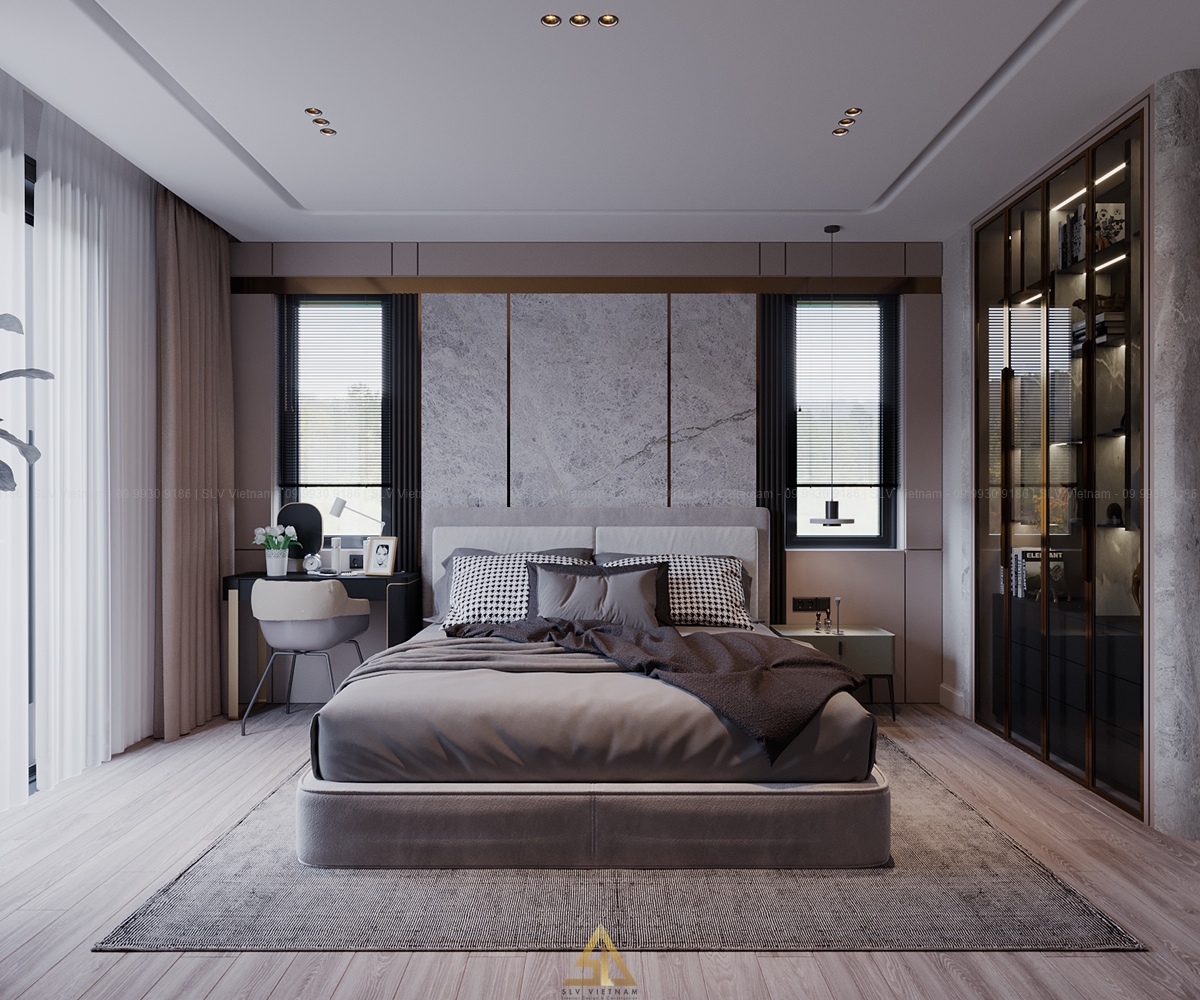 Phòng ngủ 12m2 sử dụng nội thất kính bố trí tối giản tạo không gian thoáng mát (Nguồn ảnh: SLV Vietnam)