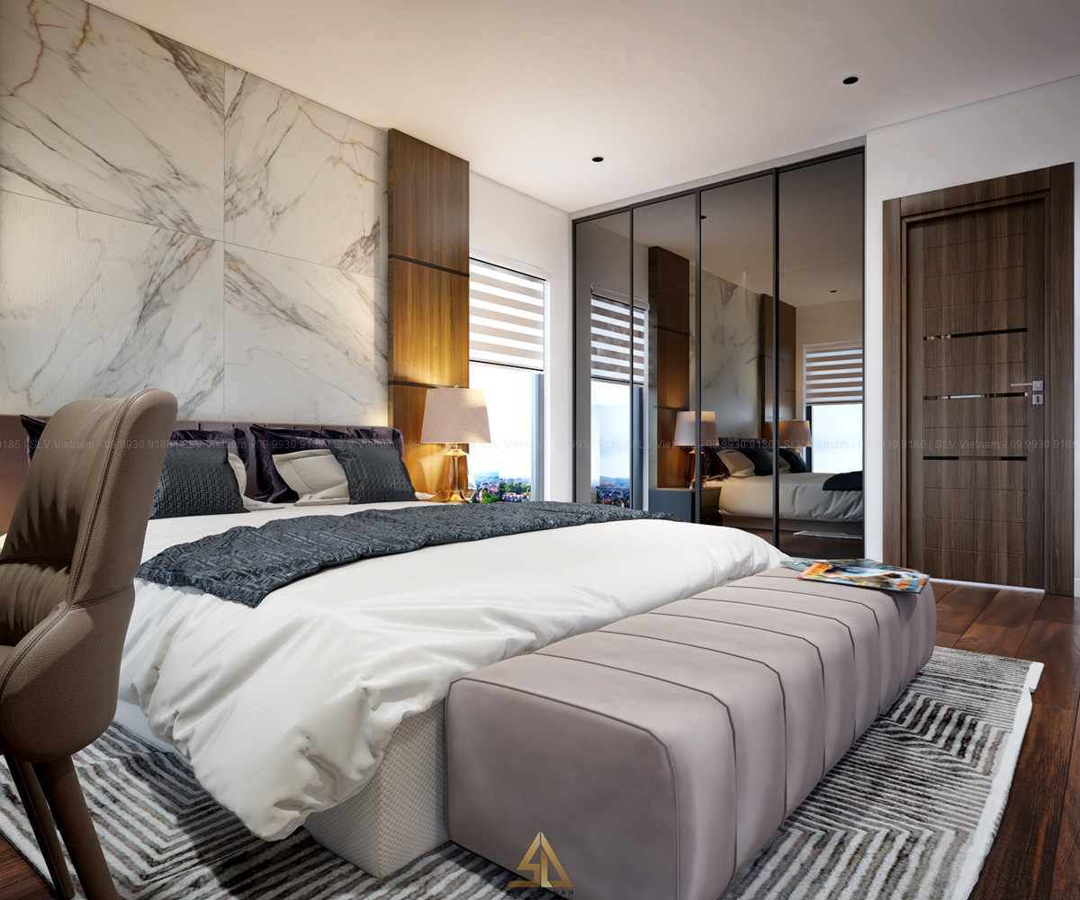 Mẫu 5: Thiết kế nội thất phòng ngủ 12m2 sử dụng chất liệu kính tạo nên vẻ đẹp hiện đại (Nguồn ảnh: SLV Vietnam)