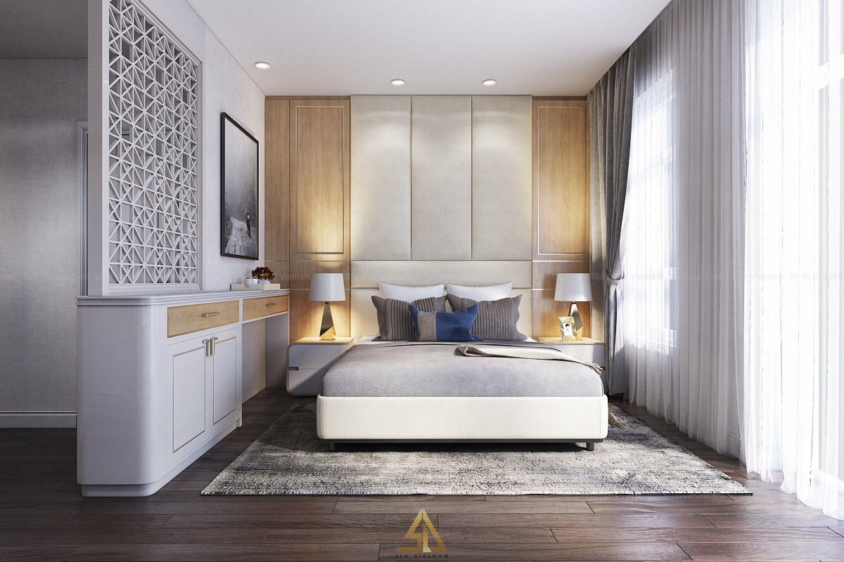 Mẫu 3: Phòng ngủ 12m2 được tối ưu hệ thống ánh sáng tự nhiên kết hợp ánh sáng nhân tạo (Nguồn ảnh: SLV Vietnam)