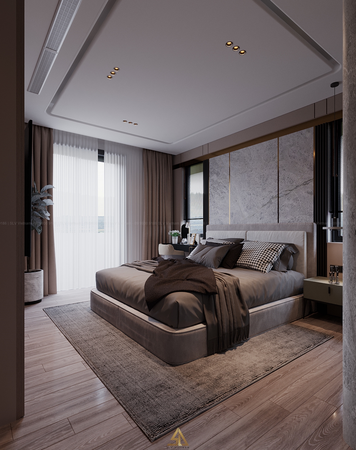 Mẫu 1: Thiết kế phòng ngủ 12m2 tối giản với tone màu xám chủ đạo dành cho người lớn (Nguồn ảnh: SLV Vietnam)