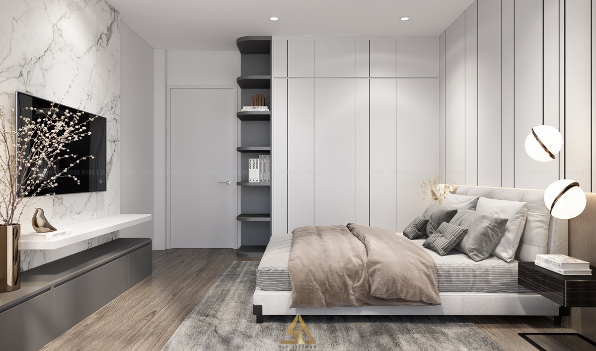 Mẫu 4: Thiết kế nội thất phòng ngủ 12m2 tone màu xám nhạt sử dụng nội thất đa năng (Nguồn ảnh: SLV Vietnam)