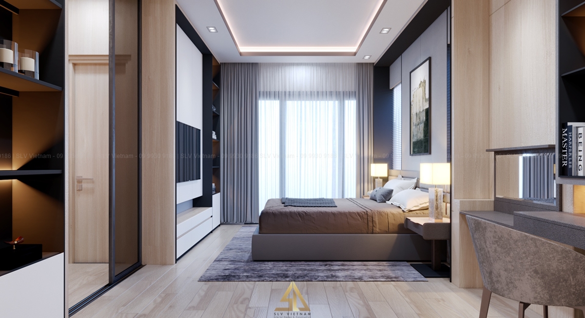Mẫu 3: Sử dụng vách ngăn gỗ MDF để phân chia không gian phù hợp cho phòng ngủ (Nguồn ảnh: SLV Vietnam)