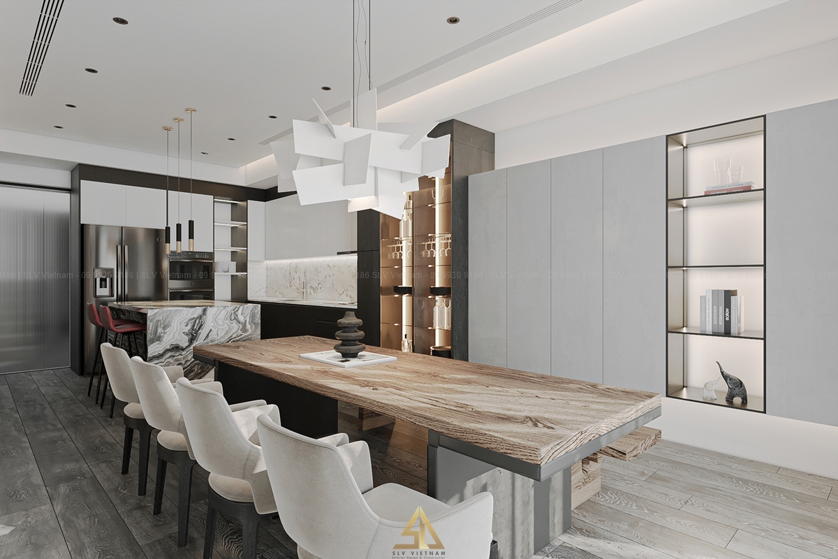 Phòng bếp nhà ống phong cách tối giản cá tính (Nguồn ảnh: SLV Vietnam)