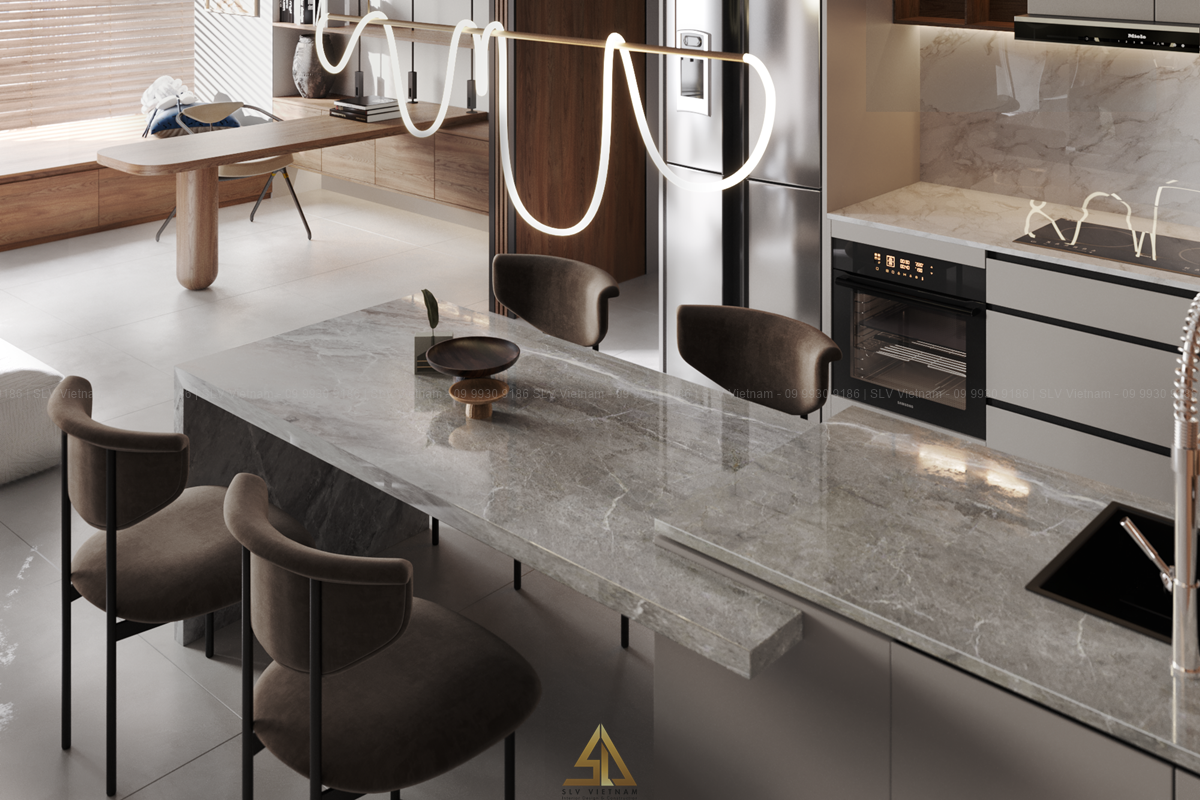 Mẫu 4: Thiết kế bàn ăn kết hợp đảo bếp (Nguồn ảnh: SLV Vietnam)