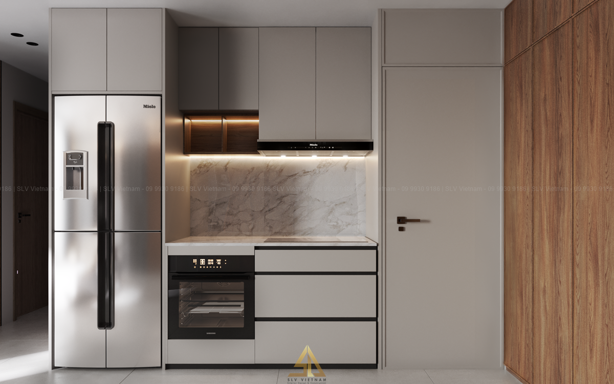 Hệ tủ bếp tone màu trắng sang trọng (Nguồn ảnh: SLV Vietnam)